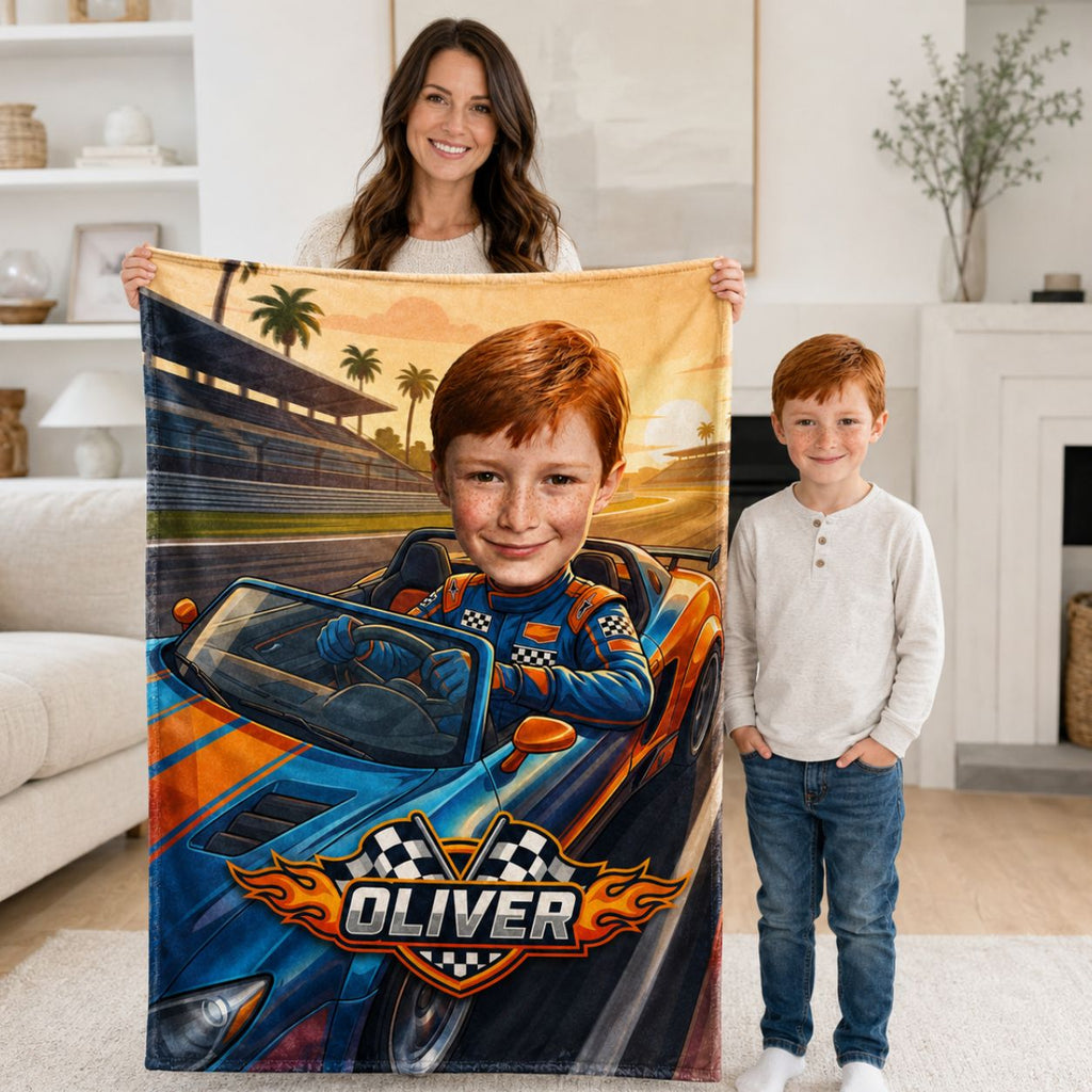 Racing Kid Realistic Face Personalized Blanket