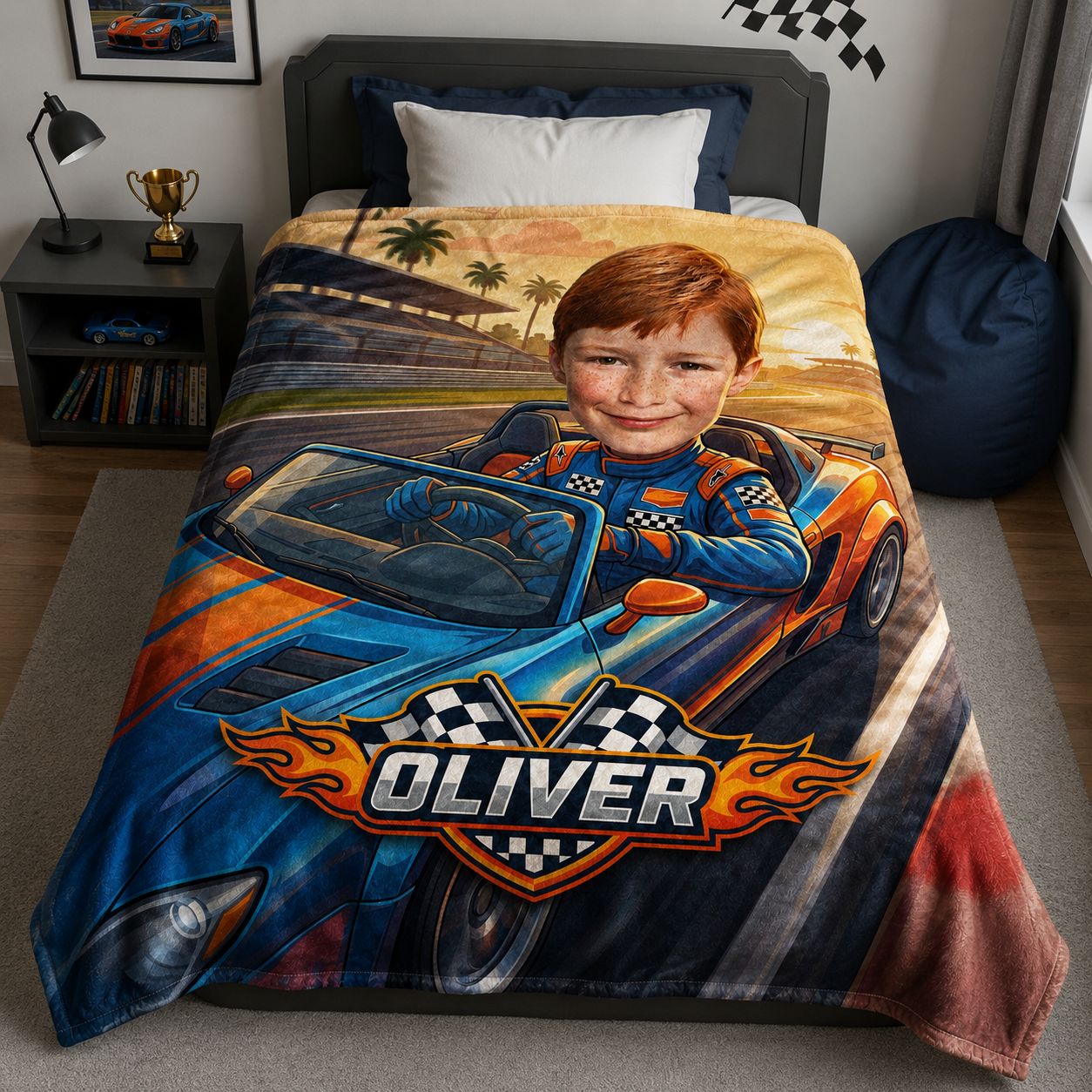 Racing Kid Realistic Face Personalized Blanket