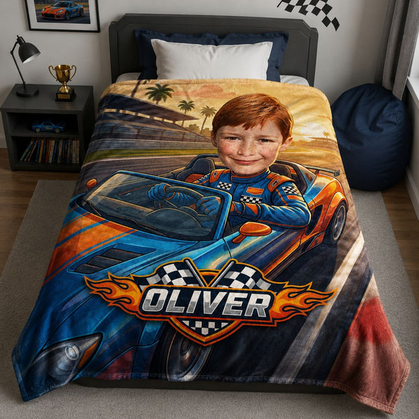 Racing Kid Realistic Face Personalized Blanket