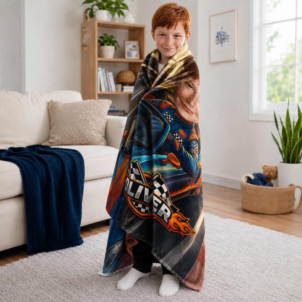 Racing Kid Realistic Face Personalized Blanket