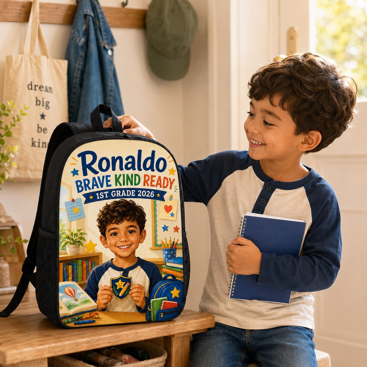 1st Grade 2026 Personalized School Backpack - child reaction lifestyle shot for first day of school | Personalized school backpack for kids by Jolliboo