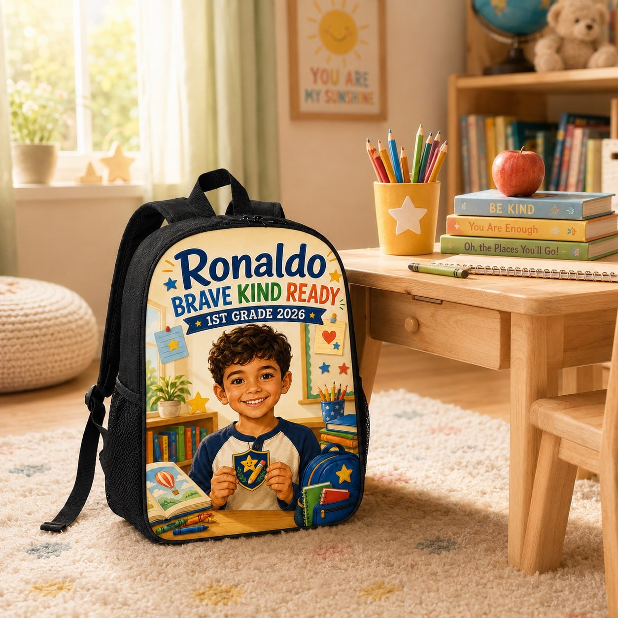 1st Grade 2026 Personalized School Backpack - back-to-school desk lifestyle scene with personalized backpack | Personalized school backpack for kids by Jolliboo