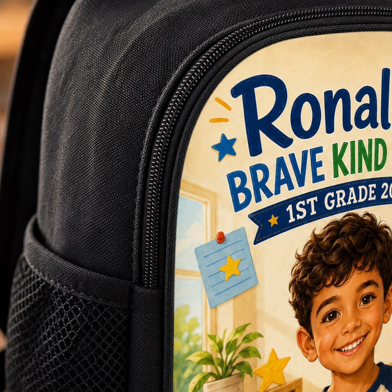 1st Grade 2026 Personalized School Backpack - close-up of custom illustration, fabric texture, and zipper details | Personalized school backpack for kids by Jolliboo
