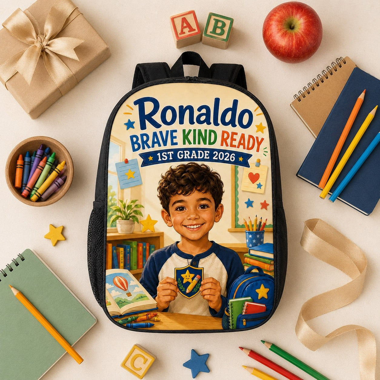 1st Grade 2026 Personalized School Backpack - gift-ready flat lay with school supplies | Personalized school backpack for kids by Jolliboo