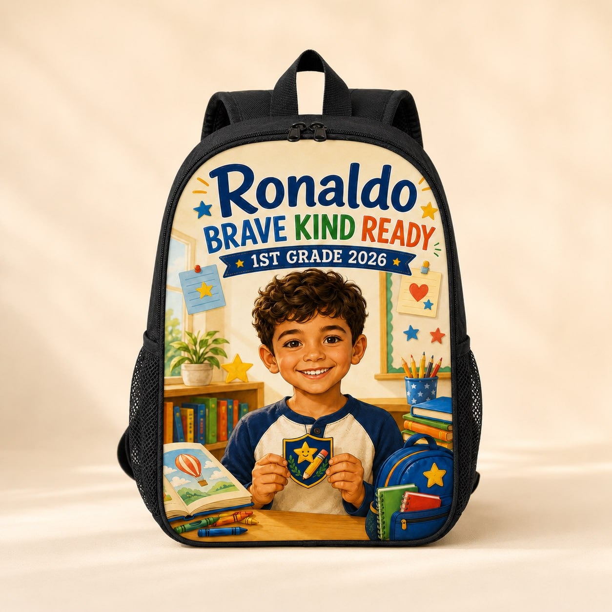 1st Grade 2026 Personalized School Backpack - hero product shot showing Ronaldo 1st Grade 2026 school artwork | Personalized school backpack for kids by Jolliboo