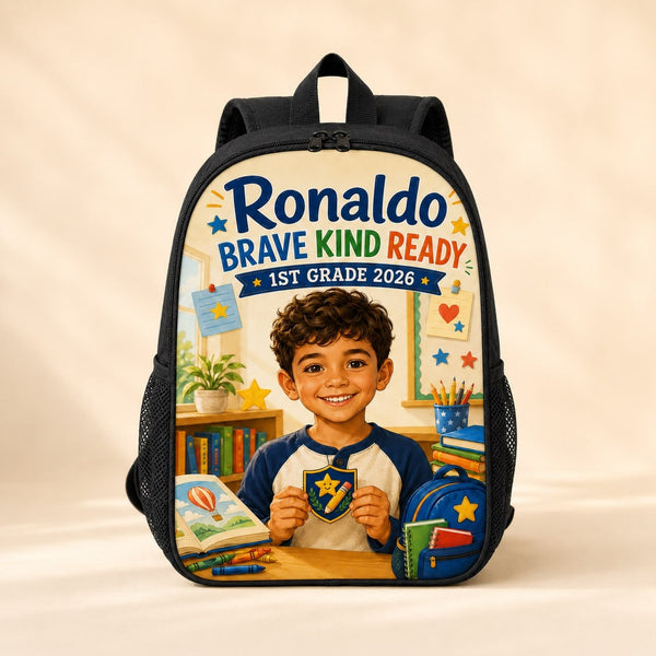 1st Grade 2026 Personalized School Backpack - hero product shot showing Ronaldo 1st Grade 2026 school artwork | Personalized school backpack for kids by Jolliboo