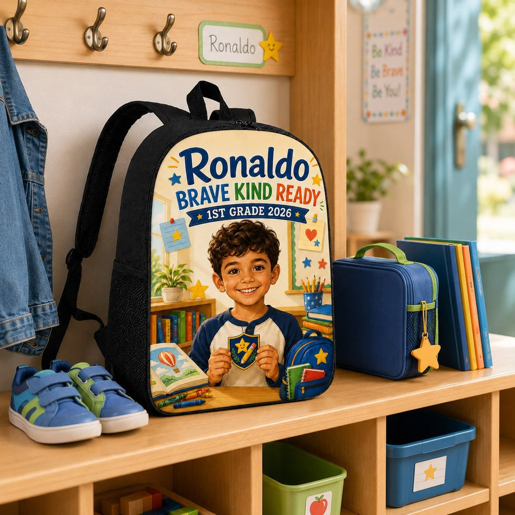 1st Grade 2026 Personalized School Backpack - school cubby context shot showing everyday size and use | Personalized school backpack for kids by Jolliboo
