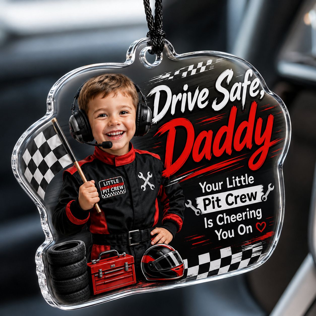 Safe Drive with Pit Crew Personalised Car Hanging Ornament