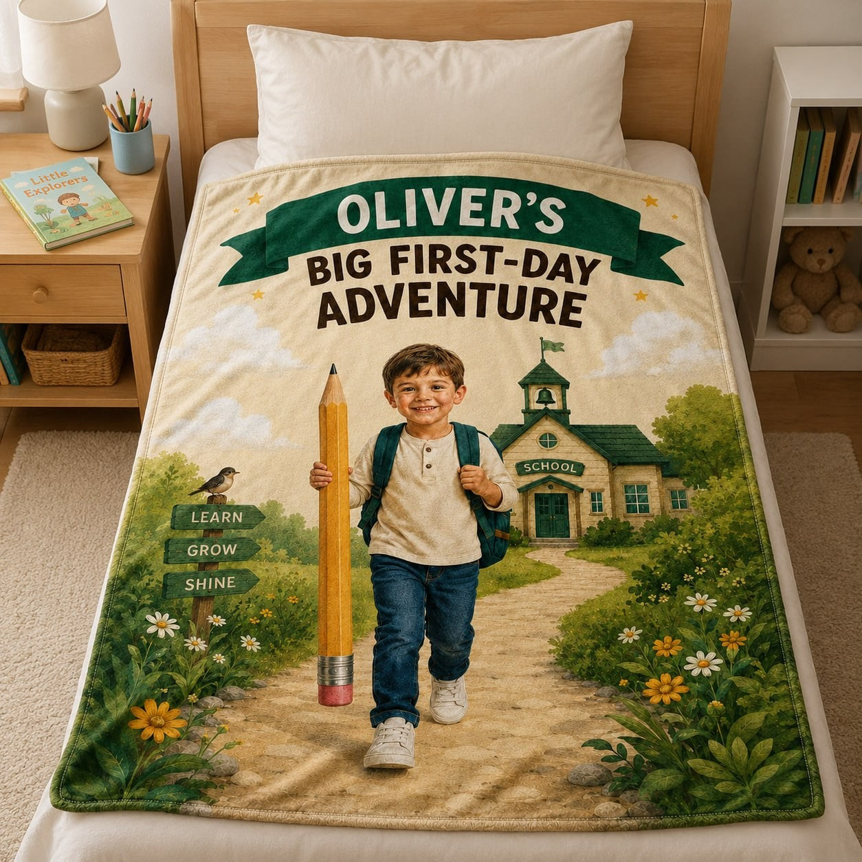 Big First Day Adventure Personalised Blanket - personalized Big First-Day Adventure blanket styled on a child bed | Personalized fleece blanket for kids by Jolliboo