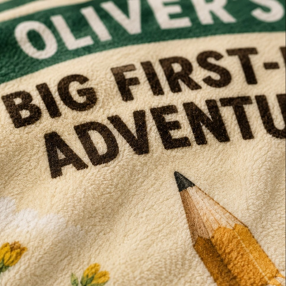 Big First Day Adventure Personalised Blanket - close-up detail showing fleece texture and first-day adventure artwork | Personalized fleece blanket for kids by Jolliboo