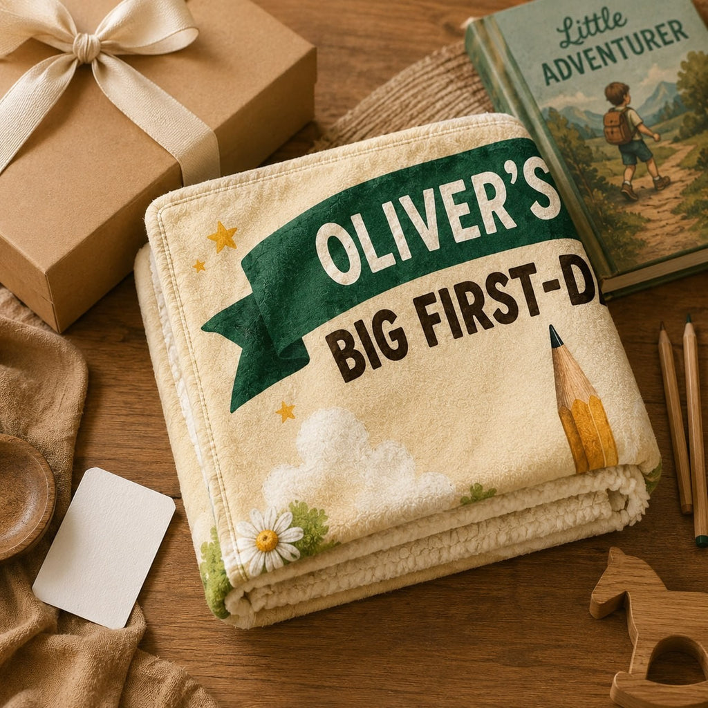 Big First Day Adventure Personalised Blanket - hero product shot showing the full Big First-Day Adventure blanket design | Personalized fleece blanket for kids by Jolliboo