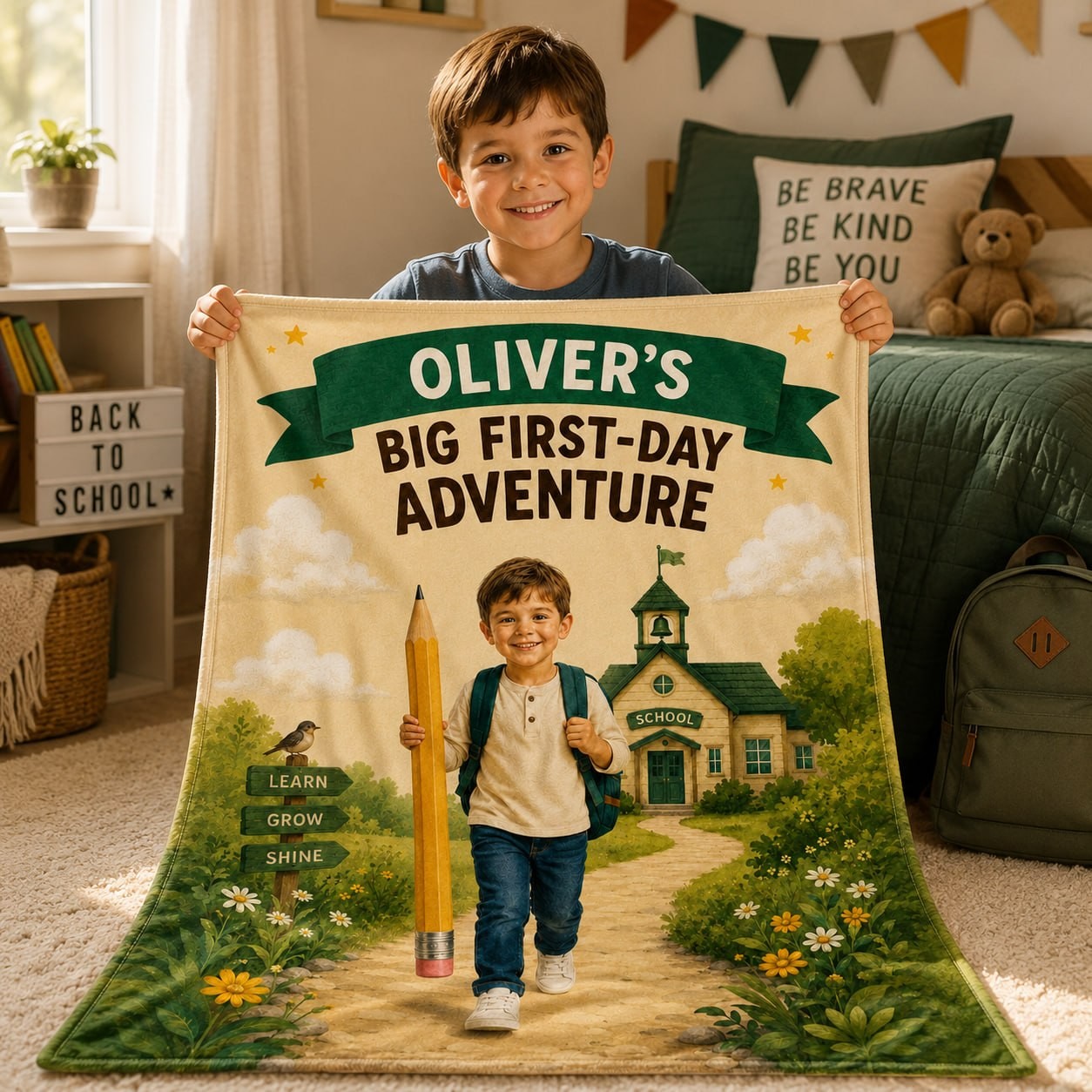 Big First Day Adventure Personalised Blanket - cozy bedroom lifestyle shot of the personalized first-day adventure blanket | Personalized fleece blanket for kids by Jolliboo