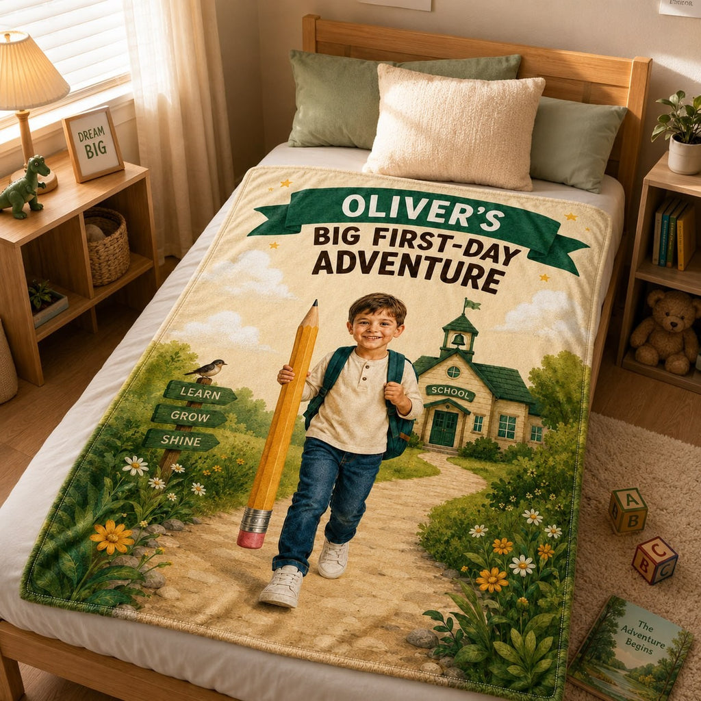 Big First Day Adventure Personalised Blanket - personalized first-day adventure blanket styled in a cozy child bedroom | Personalized fleece blanket for kids by Jolliboo
