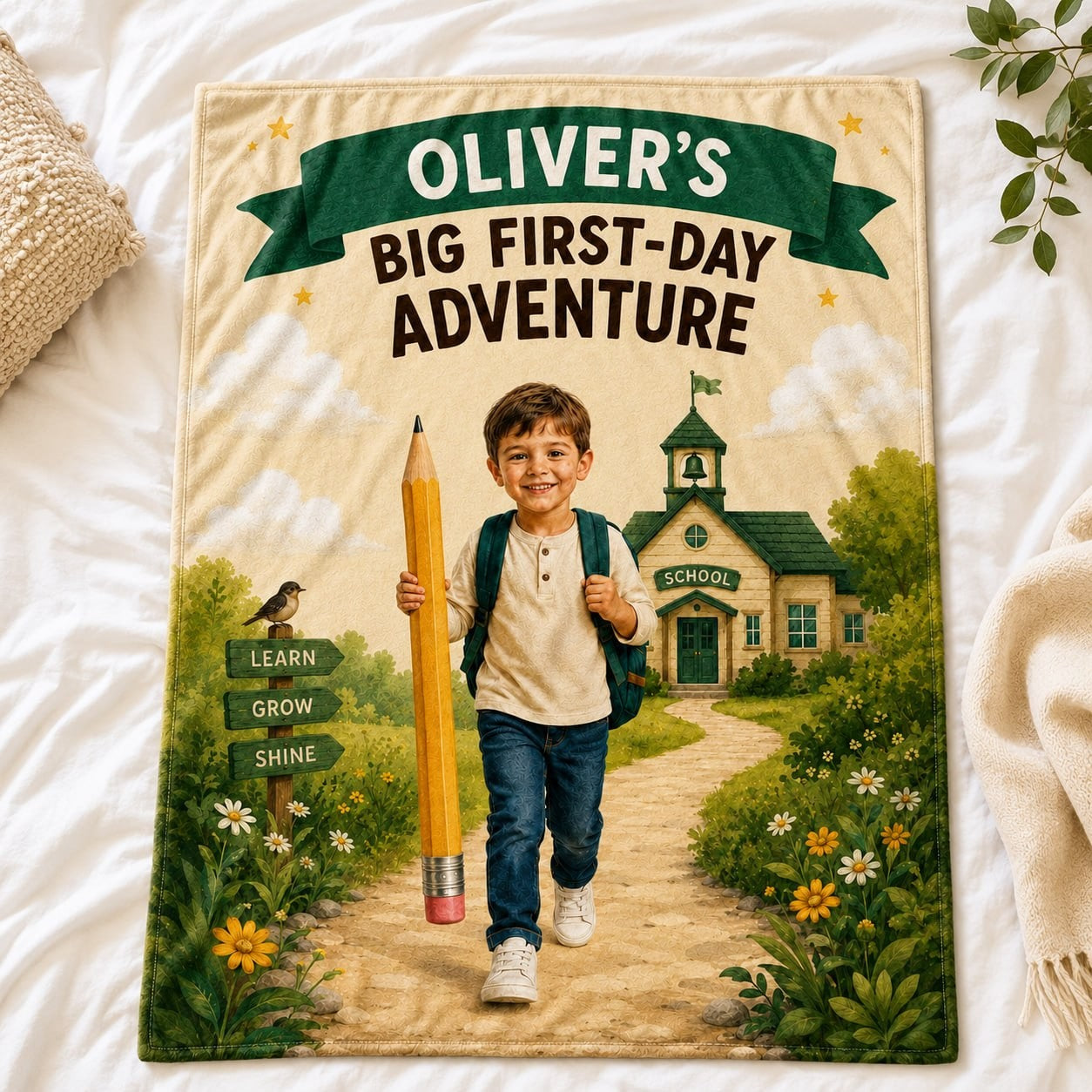 Big First Day Adventure Personalised Blanket - scale and context shot showing the personalized school adventure blanket on bedding | Personalized fleece blanket for kids by Jolliboo