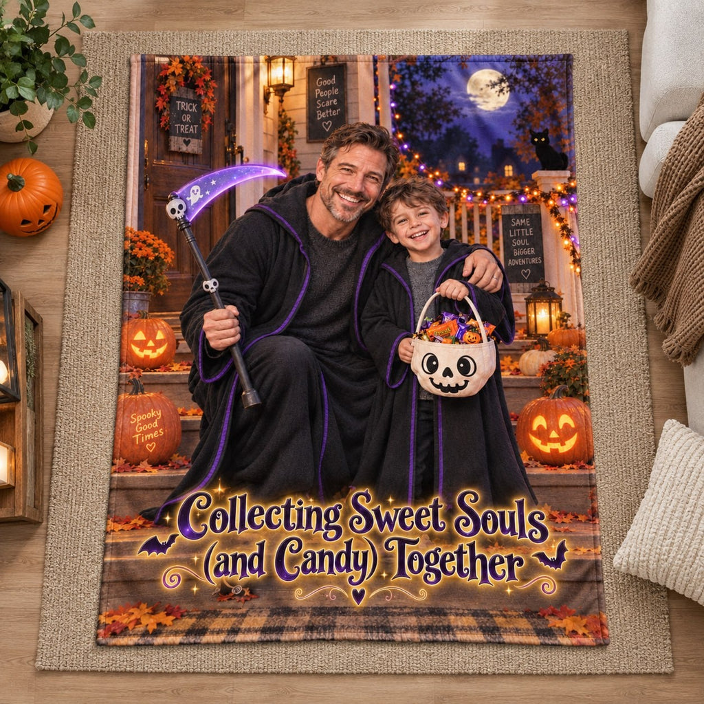 Collecting Sweet Souls And Candy Together Dad And Son Halloween Blanket - image 2 | Jolliboo