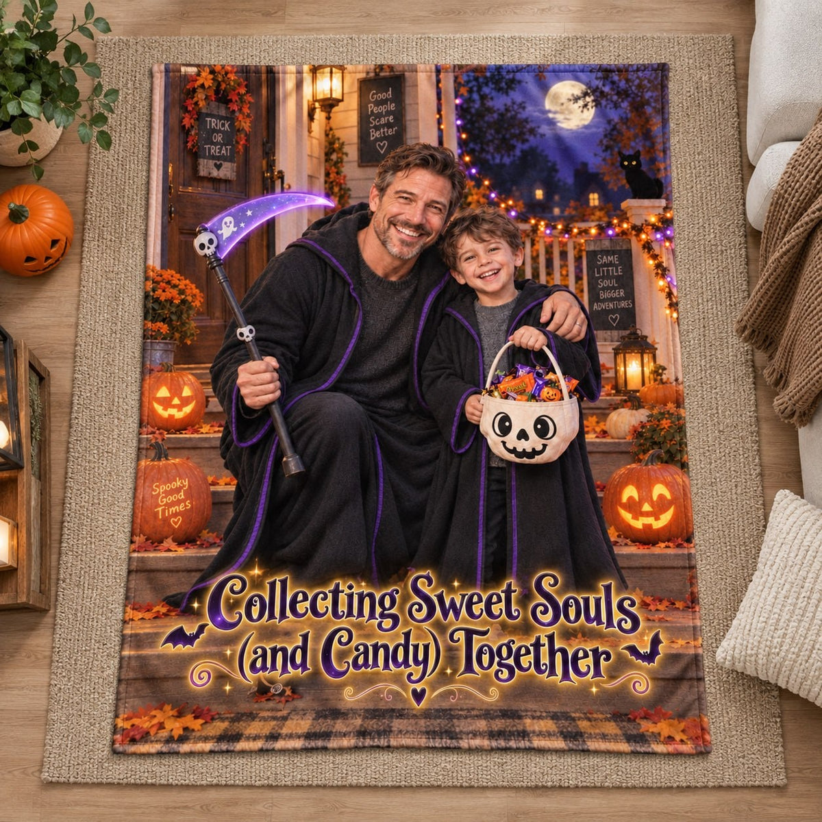 Collecting Sweet Souls And Candy Together Dad And Son Halloween Blanket - image 2 | Jolliboo