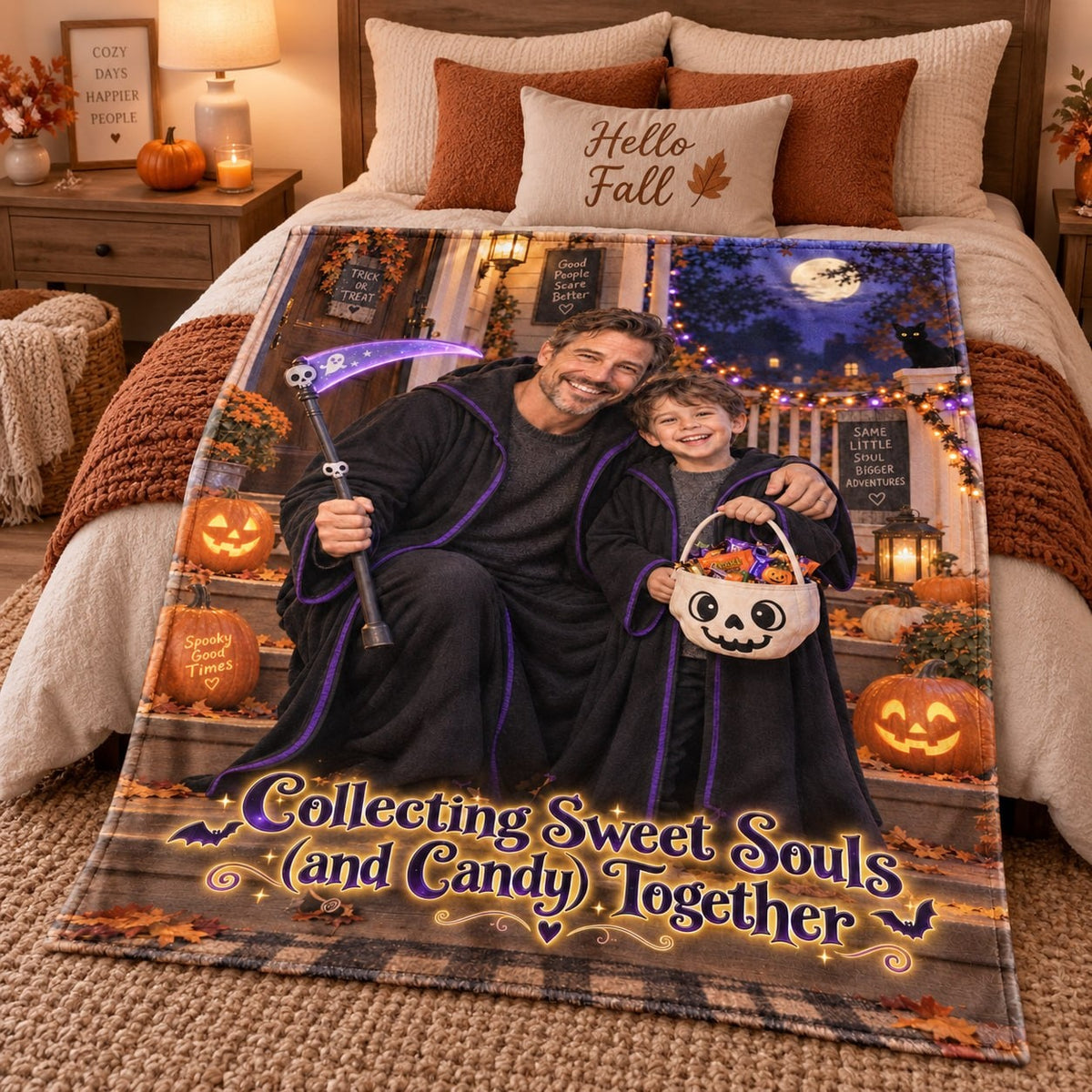 Collecting Sweet Souls And Candy Together Dad And Son Halloween Blanket - image 4 | Jolliboo