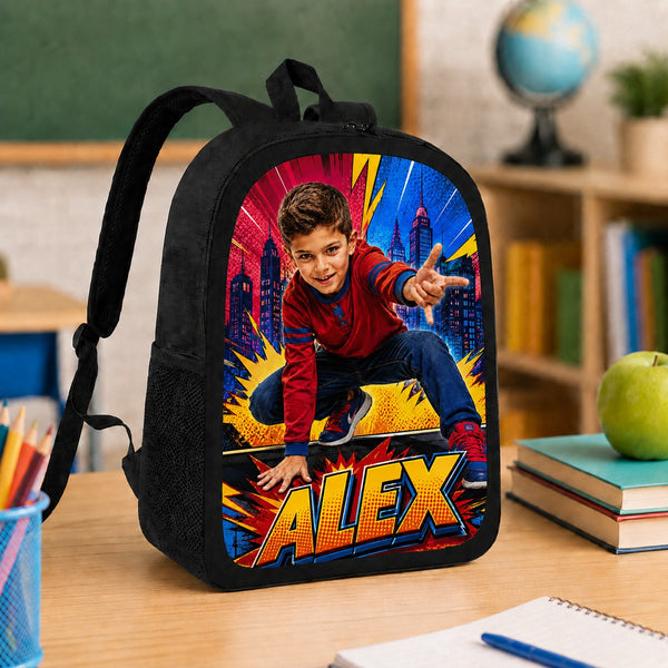 Comic Hero Personalised School Backpack - angled backpack product mockup on school desk | Personalized school backpack for kids by Jolliboo