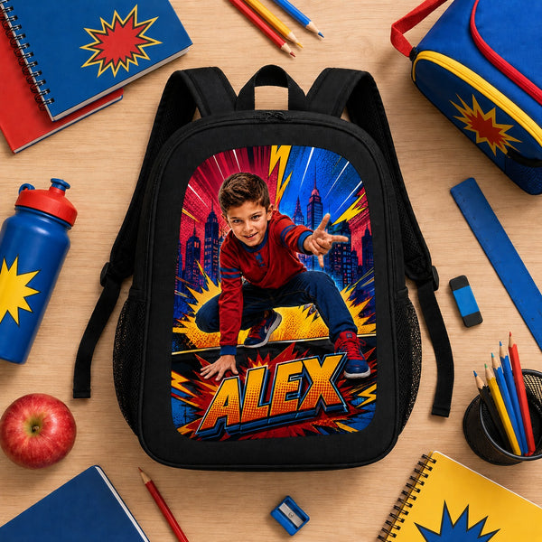 Comic Hero Personalised School Backpack - flat lay backpack school supplies mockup | Personalized school backpack for kids by Jolliboo