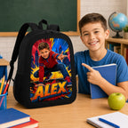 Comic Hero Personalised School Backpack - child smiling beside personalized backpack | Personalized school backpack for kids by Jolliboo