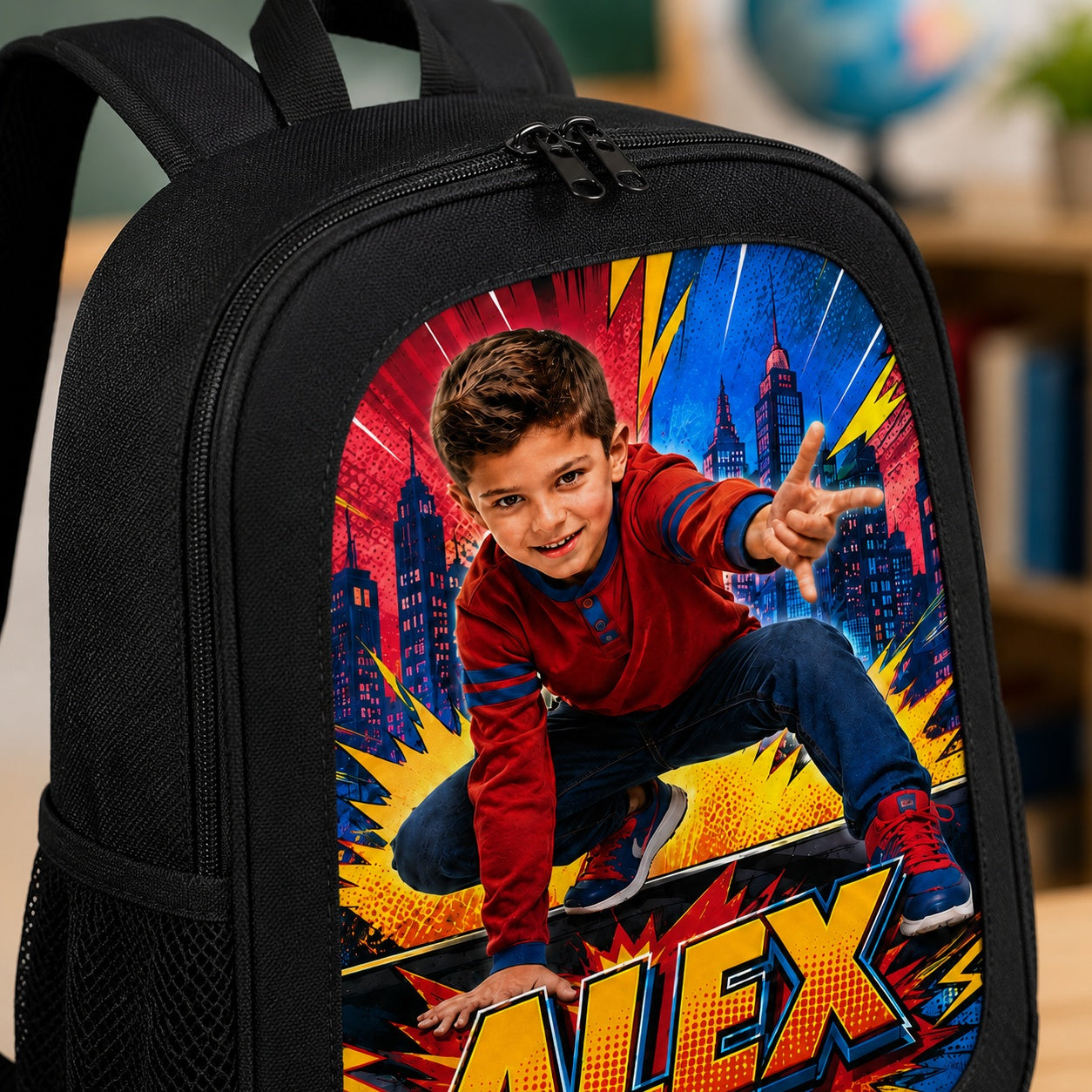 Comic Hero Personalised School Backpack - close-up comic artwork detail on backpack | Personalized school backpack for kids by Jolliboo