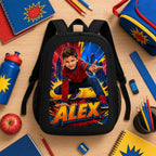 Comic Hero Personalised School Backpack - flat lay backpack with school supplies | Personalized school backpack for kids by Jolliboo
