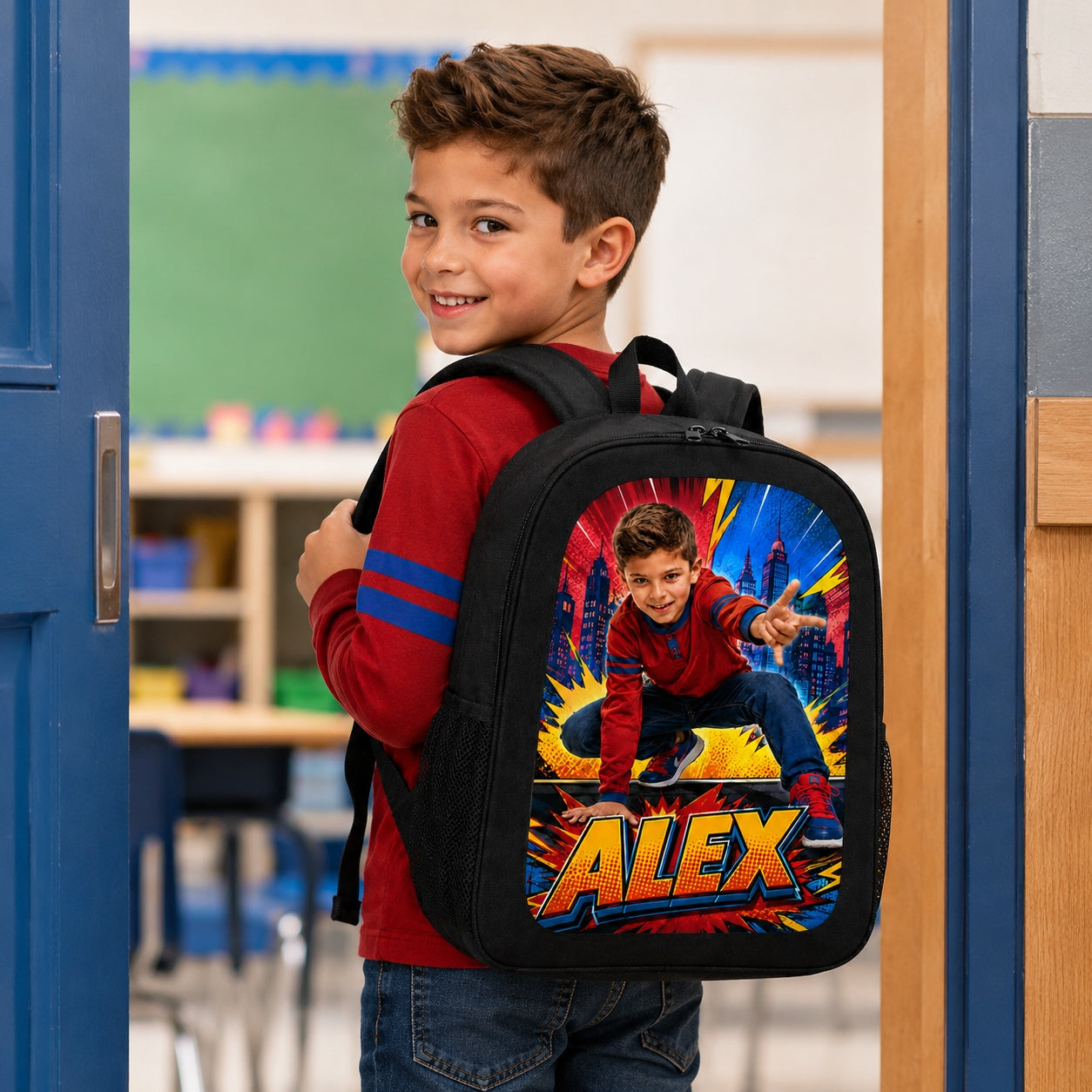 Comic Hero Personalised School Backpack - child wearing backpack at classroom door | Personalized school backpack for kids by Jolliboo