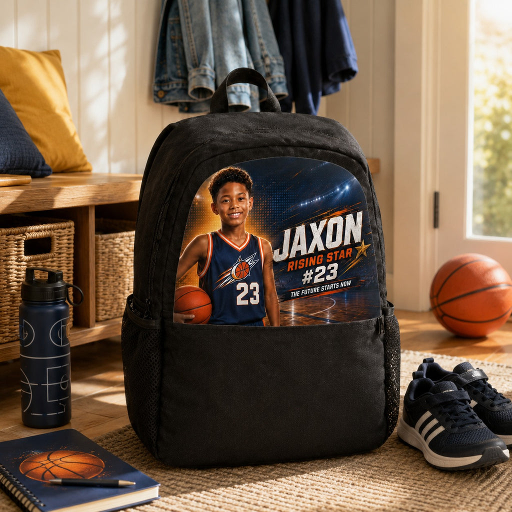 Custom Basketball Rising Star Casual Backpack - home entry lifestyle mockup | Personalized basketball backpack for kids by Jolliboo