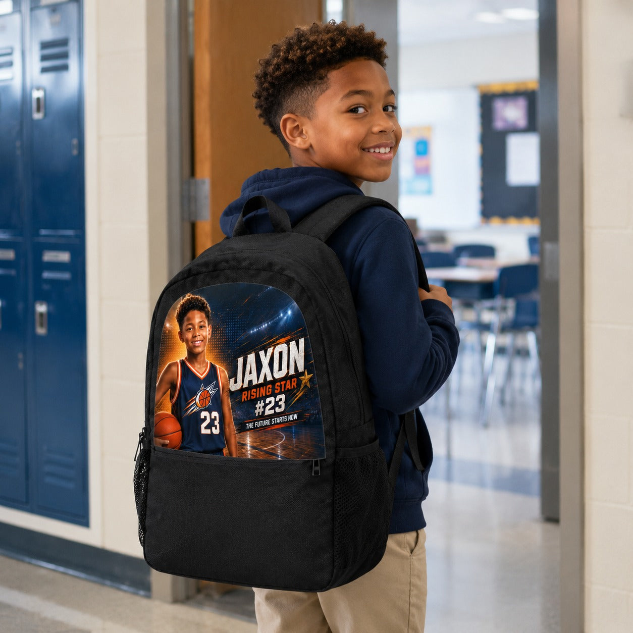 Custom Basketball Rising Star Casual Backpack - school hallway lifestyle mockup | Personalized basketball backpack for kids by Jolliboo