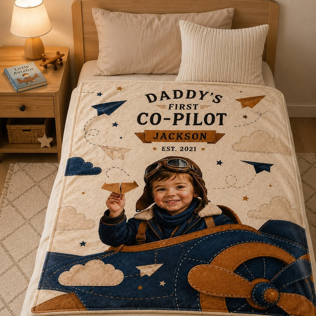 Daddy’s First Co-Pilot Personalised Blanket - close-up detail showing fleece texture and aviation artwork | Personalized fleece blanket for kids by Jolliboo
