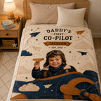 Daddy’s First Co-Pilot Personalised Blanket - close-up detail showing fleece texture and aviation artwork | Personalized fleece blanket for kids by Jolliboo