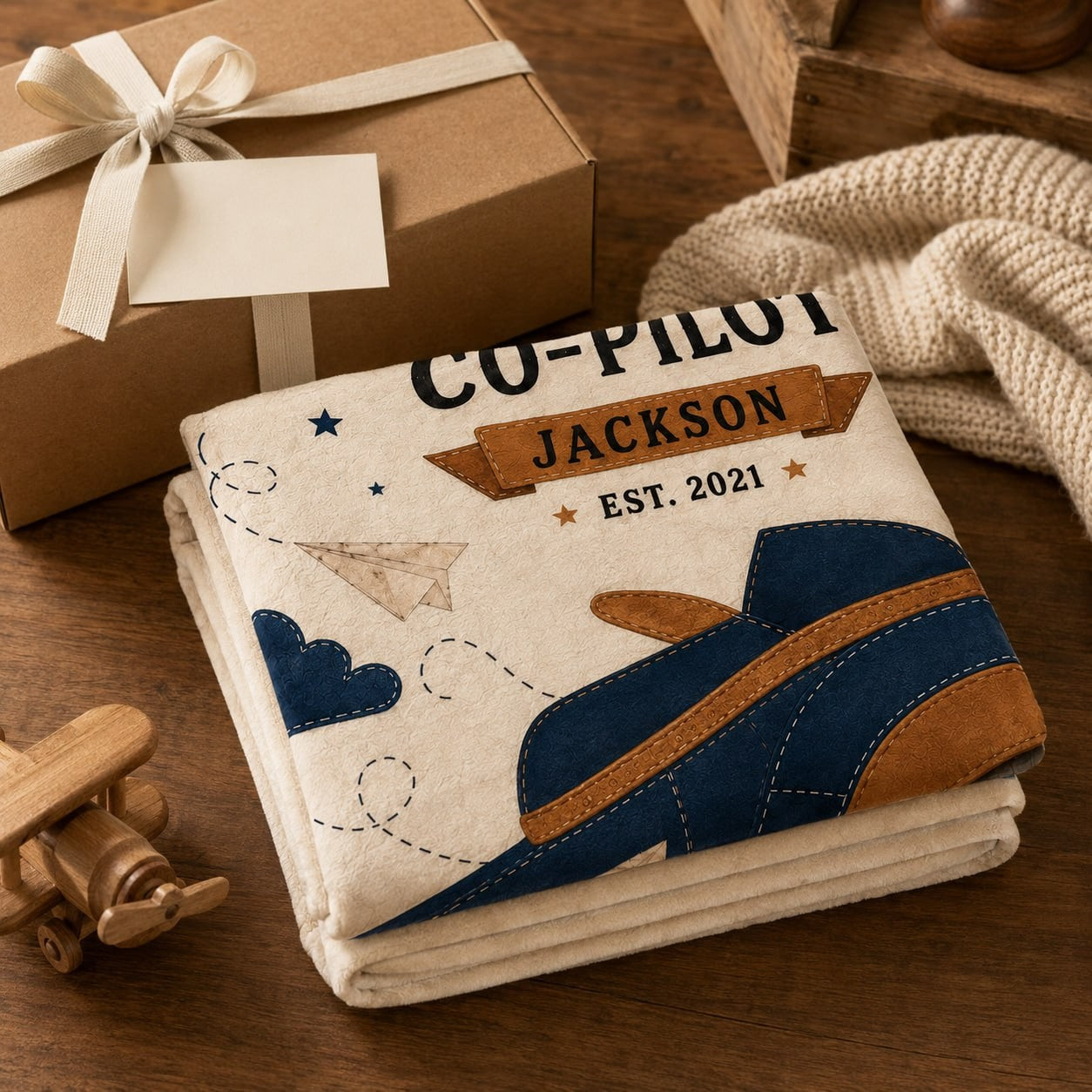 Daddy’s First Co-Pilot Personalised Blanket - gift-ready folded flat lay showing personalized aviation blanket details | Personalized fleece blanket for kids by Jolliboo