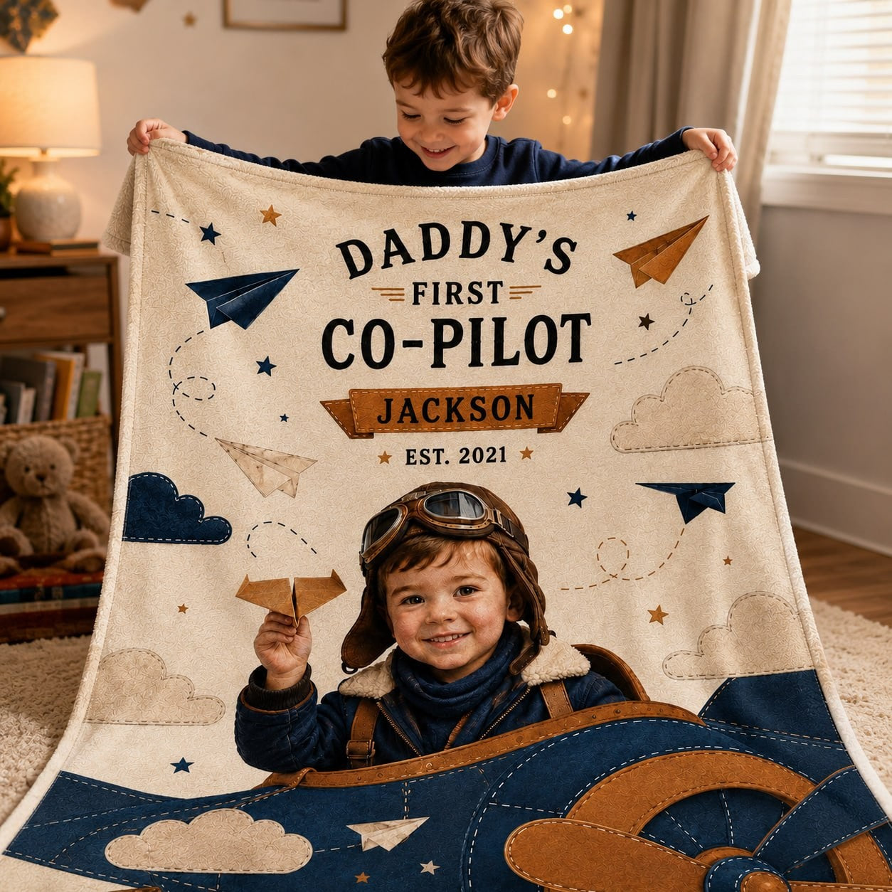 Daddy’s First Co-Pilot Personalised Blanket - hero product shot showing the full Daddys First Co-Pilot aviation blanket design | Personalized fleece blanket for kids by Jolliboo