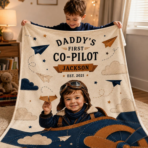 Daddy’s First Co-Pilot Personalised Blanket - hero product shot showing the full Daddys First Co-Pilot aviation blanket design | Personalized fleece blanket for kids by Jolliboo