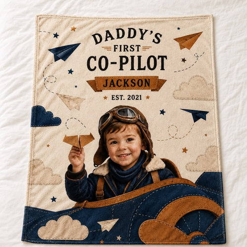 Daddy’s First Co-Pilot Personalised Blanket - cozy bedroom lifestyle shot of the personalized aviation blanket | Personalized fleece blanket for kids by Jolliboo