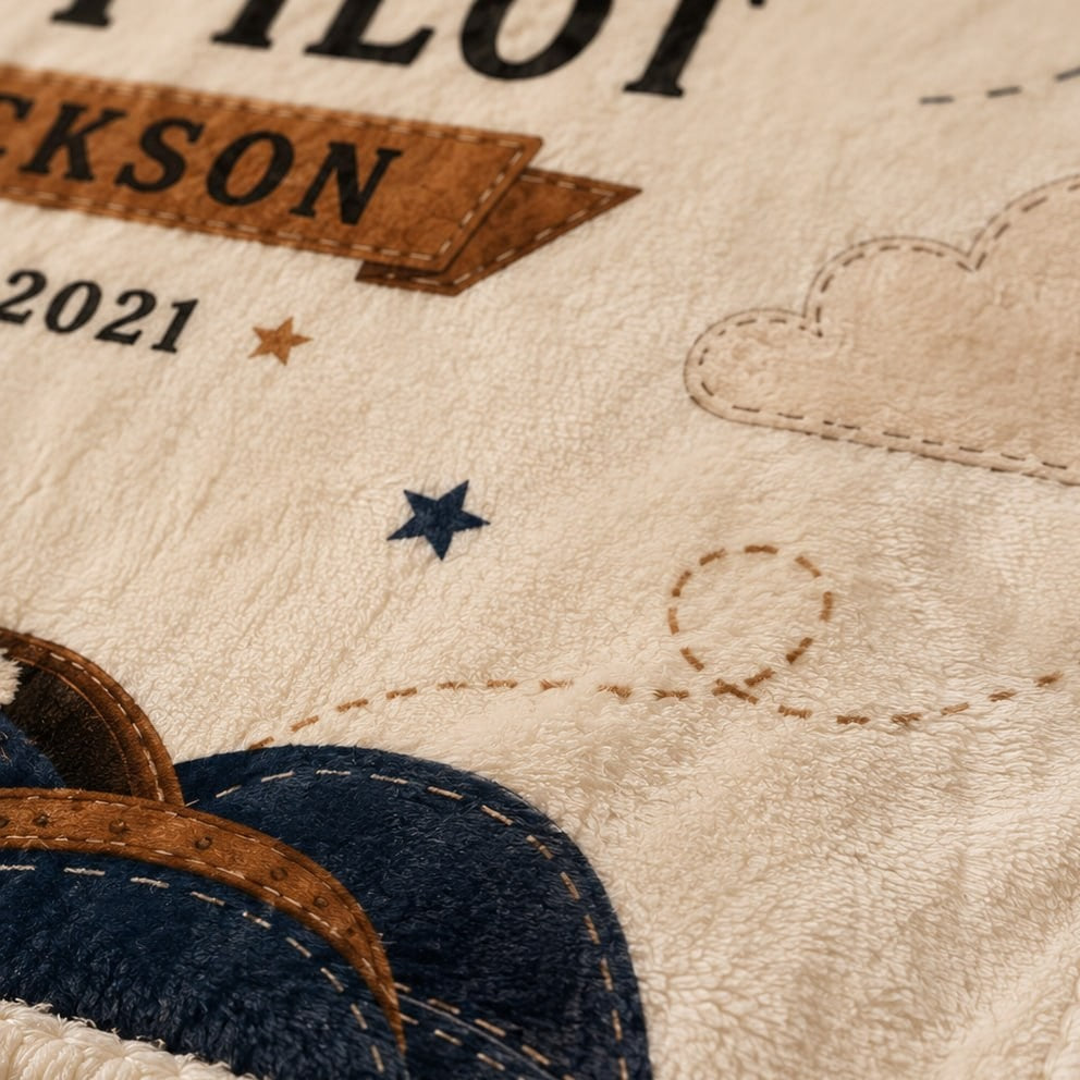 Daddy’s First Co-Pilot Personalised Blanket - scale and context shot showing the personalized aviation blanket in a child room | Personalized fleece blanket for kids by Jolliboo