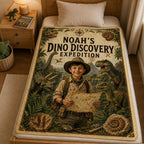 Dino Discovery Expedition Personalised Blanket - personalized dino discovery expedition blanket styled on a child bed | Personalized fleece blanket for kids by Jolliboo