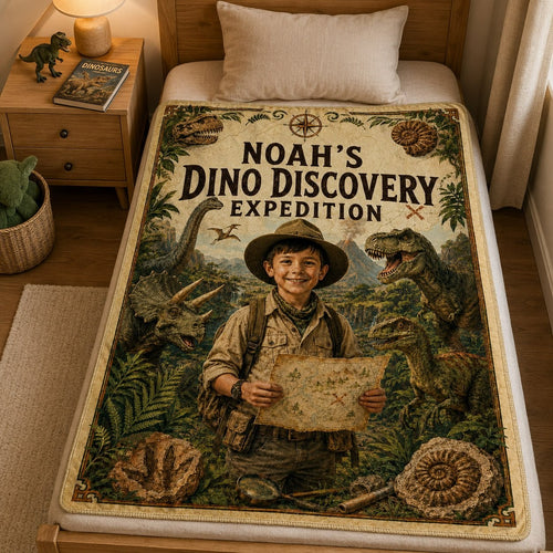 Dino Discovery Expedition Personalised Blanket - personalized dino discovery expedition blanket styled on a child bed | Personalized fleece blanket for kids by Jolliboo