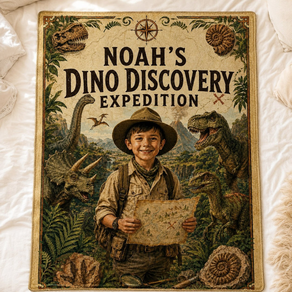 Dino Discovery Expedition Personalised Blanket - close-up detail showing fleece texture and dino expedition artwork | Personalized fleece blanket for kids by Jolliboo