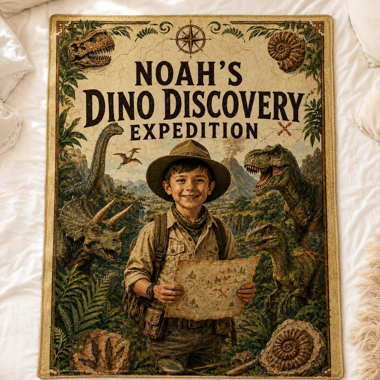 Dino Discovery Expedition Personalised Blanket - close-up detail showing fleece texture and dino expedition artwork | Personalized fleece blanket for kids by Jolliboo