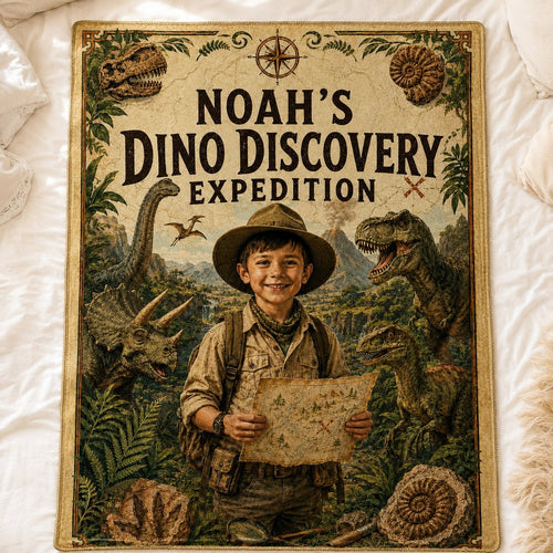 Dino Discovery Expedition Personalised Blanket - close-up detail showing fleece texture and dino expedition artwork | Personalized fleece blanket for kids by Jolliboo