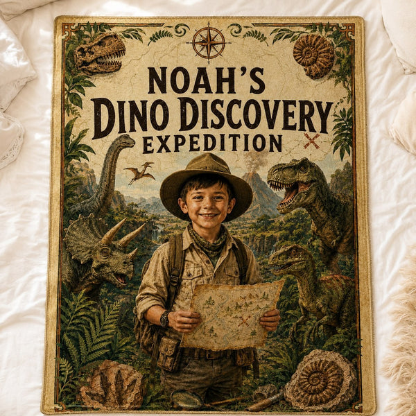 Dino Discovery Expedition Personalised Blanket - close-up detail showing fleece texture and dino expedition artwork | Personalized fleece blanket for kids by Jolliboo