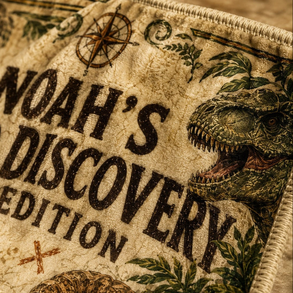 Dino Discovery Expedition Personalised Blanket - close-up detail showing the personalized name, compass, dinosaur, and fleece stitching | Personalized fleece blanket for kids by Jolliboo