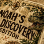 Dino Discovery Expedition Personalised Blanket - close-up detail showing the personalized name, compass, dinosaur, and fleece stitching | Personalized fleece blanket for kids by Jolliboo