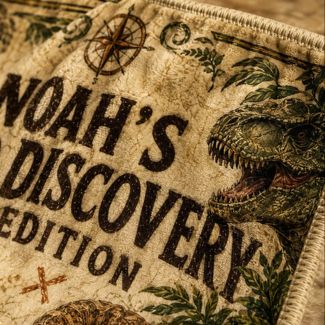 Dino Discovery Expedition Personalised Blanket - close-up detail showing the personalized name, compass, dinosaur, and fleece stitching | Personalized fleece blanket for kids by Jolliboo