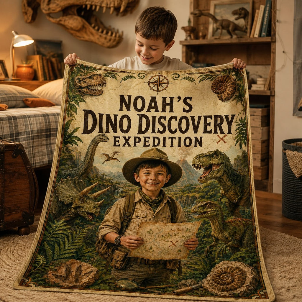 Dino Discovery Expedition Personalised Blanket - cozy bedroom lifestyle shot of the personalized dino expedition blanket | Personalized fleece blanket for kids by Jolliboo