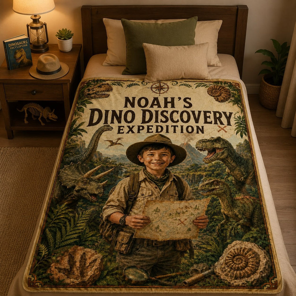Dino Discovery Expedition Personalised Blanket - scale and context shot showing the personalized dino blanket in a child room | Personalized fleece blanket for kids by Jolliboo