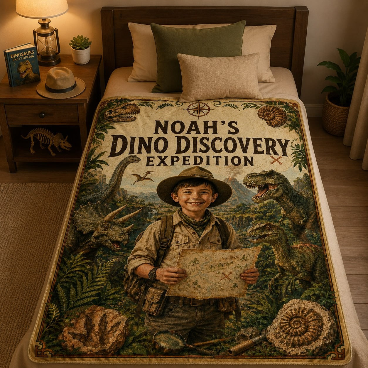 Dino Discovery Expedition Personalised Blanket - scale and context shot showing the personalized dino blanket in a child room | Personalized fleece blanket for kids by Jolliboo