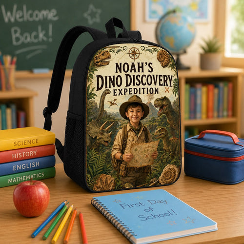 Dino Discovery Expedition Personalised School Backpack - hero product shot showing the full Dino Discovery Expedition personalized backpack design | Personalized school backpack for kids by Jolliboo