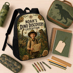 Dino Discovery Expedition Personalised School Backpack - school essentials flat lay with the personalized dino expedition backpack | Personalized school backpack for kids by Jolliboo